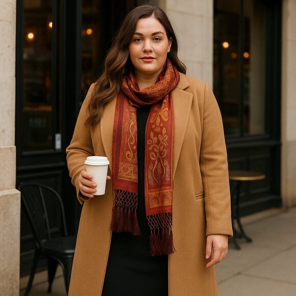 Vintage Echo Silk Tassel Scarf – Rust & Gold Paisley, 80” Bohemian Luxe - Picture 3 of 8